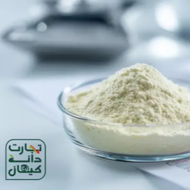 نمای نزدیک از پودر چربی دام در یک ظرف شیشه‌ای آزمایشگاهی، قرار گرفته روی میز سفید همراه با برگه آنالیز و نتایج ترکیب خوراک؛ تصویری مناسب برای موضوع کیفیت و ارزیابی آزمایشگاهی پودر چربی.