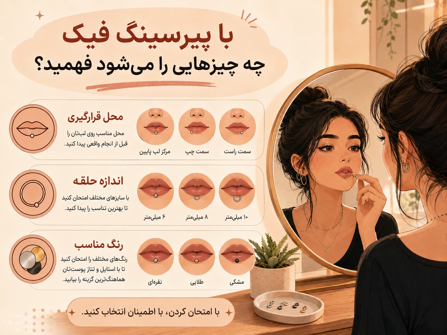 بررسی محل قرارگیری، اندازه و رنگ پیرسینگ فیک لب