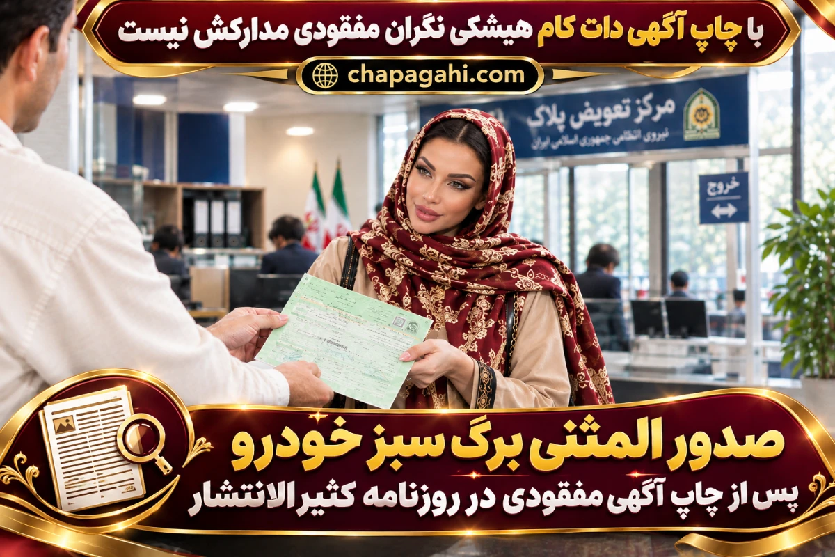 صدور المثنی برگ سبز خودرو پس از چاپ آگهی مفقودی در روزنامه کثیرالانتشار